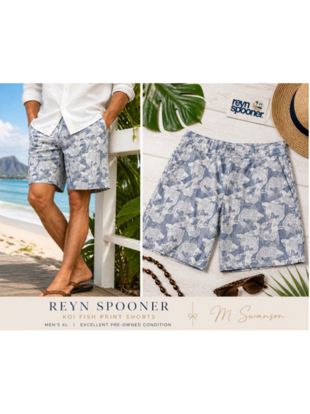 Reyn Spooner Koi Fish Shorts Men's XL Blue White Hawaiian Aloha Casual - Picture 6 of 6